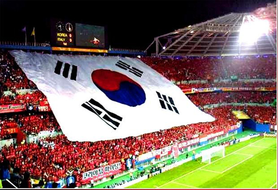 붉은 악마의 트레이드 마크라고 할 수 있는 대형 태극기 응원 모습.