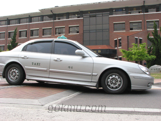 바우어관 앞 도로 과속방지턱형 횡단보도를 지나는 택시. 전성완 기자