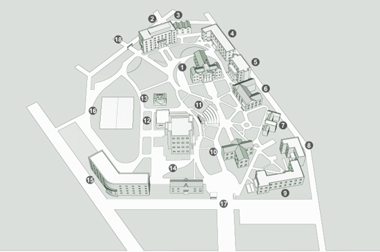 대명캠 캠퍼스 안내도. 캠퍼스 건물 중 2,3, 11~15번 건물에는 벤처기업이 입주해 있다.
