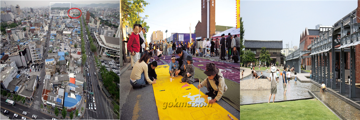 대부분의 도시는 창조적인 문화 활동을 위해 문화적 인프라를 갖추고 있다.(좌로부터 동그라미 친 부분-문화창조발전소가 들어설 곳, 봉산문화거리, 가나자와 시민예술촌)