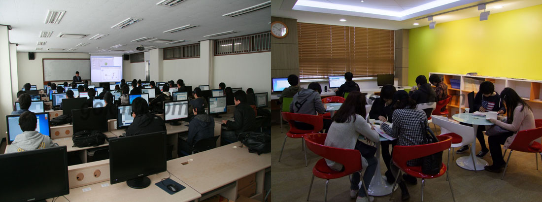 우리학교는 광역경제권 선도산업 인재양성사업 일환으로 자체수업(좌)을 진행하는 한편, 취업스터디(우) 활동을 지원하고 있다 김용욱 기자