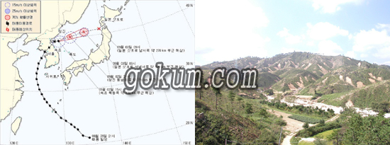 지난 2일 오전 6시 35분 강화도 남동쪽 남단에 상륙한 제7호; 태풍 곤파스 (KOMPASU)는 오후 3시경에 강원도 속초 북동쪽 170km 부근 해상에 위치하고 있으며, 30km/h 속도로 동북동진하고 있는 상황을 보여주고 있다. 오재호 교수 제공