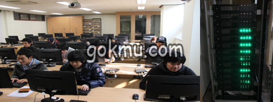 공과대학 의료기기설계응용실험실에 설치된 그린PC로 학생들이 테스트 하고 있는 모습(좌)과 랙 전면도의 모습(우) 광역선도인재양성센터 제공
