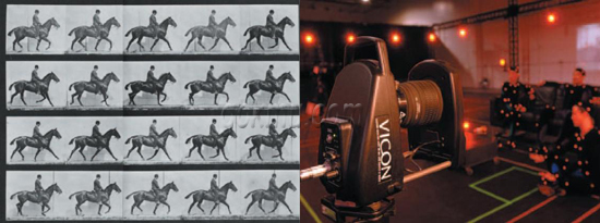 (좌) 24개의 카메라로 머브릿지가 최초로 달리는 말을 캡처 한 사진 일부/바이콘 코리아 (우) VICON Motion Camera와 전문 액터 촬영 모습 바이콘 코리아 제공