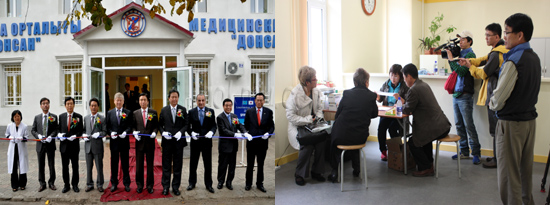 (좌) 알마티 시내에 선교센터로 지어진 동산병원의 개원식 (우) 알마티 동산병원의 무료진료봉사와 관련해 언론사에서 촬영 중인 모습