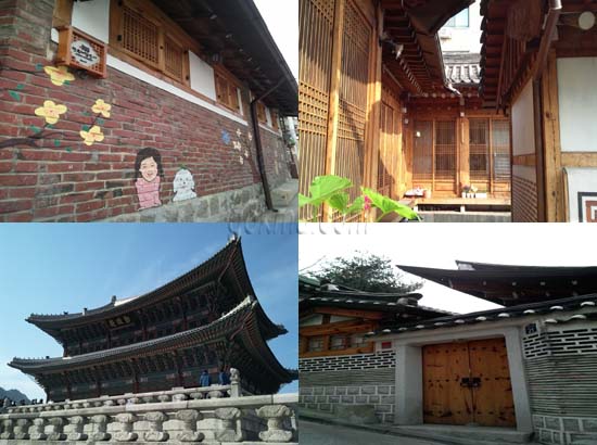 (시계방향으로) 북촌한옥마을, 가림재 게스트 하우스, 경복궁 근정전, 복촌한옥마을에 있는 현대판 한옥