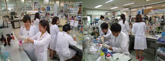 (좌)이화학 분석을 하고 있다 (우)매스플라스크 정용을 확인하고 있다 김용욱 기자