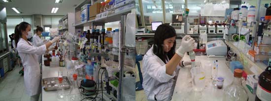 (좌)HPLC분석을 위해서 실효병에 담고 있는 중이다 (우)수질분석을 하고 있다 김용욱 기자