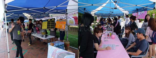 (좌)절주연인 동아리에서 음주고글안경으로 음주체험 모습 (우)타로카드로 학생들 미래에 대해 이야기 하고 있다 김용욱 기자