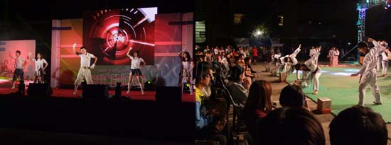 (좌)우리학교 육성동아리 비사응원단 공연하는 중 (우)태권도 시범단에서 격파시범을 공연 하고 있다 김용욱 기자