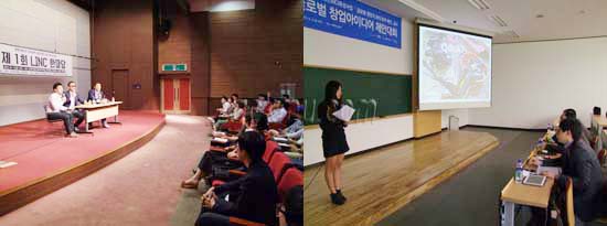 (좌)김윤규 대표와 함께 창업에 대한 이야기를 나누고 있다 (우)제주대 김당기 씨가 창업 아이디어를 심사위원들에게 소개 중 김용욱 기자