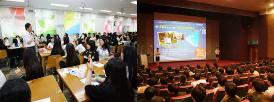 (좌)강문식 입학처장이 혜화여자고등학교에서 입시 설명회를 하고 있다 (우)입학홍보요원 이끄미가 우리학교 특성화프로그램을 소개 중이다 김용욱 기자, 홍보팀 제공