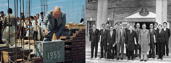 (좌)1955년 5월 20일 안두화 박사의 본관 정초의식 (우)1961년 11월 13일 대명 캠퍼스 본관 앞에서의 이사 일동과 신태식 학장(오른쪽에서 다섯번째) 홍보팀 제공