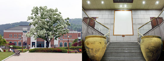 (좌)우리학교 교화 이팝나무꽃과 신일희 총장의 아호를 따서 명명한 행소박물관 (우)본관 현관에 있는 ‘TABULA RASA’ 홍보팀 제공