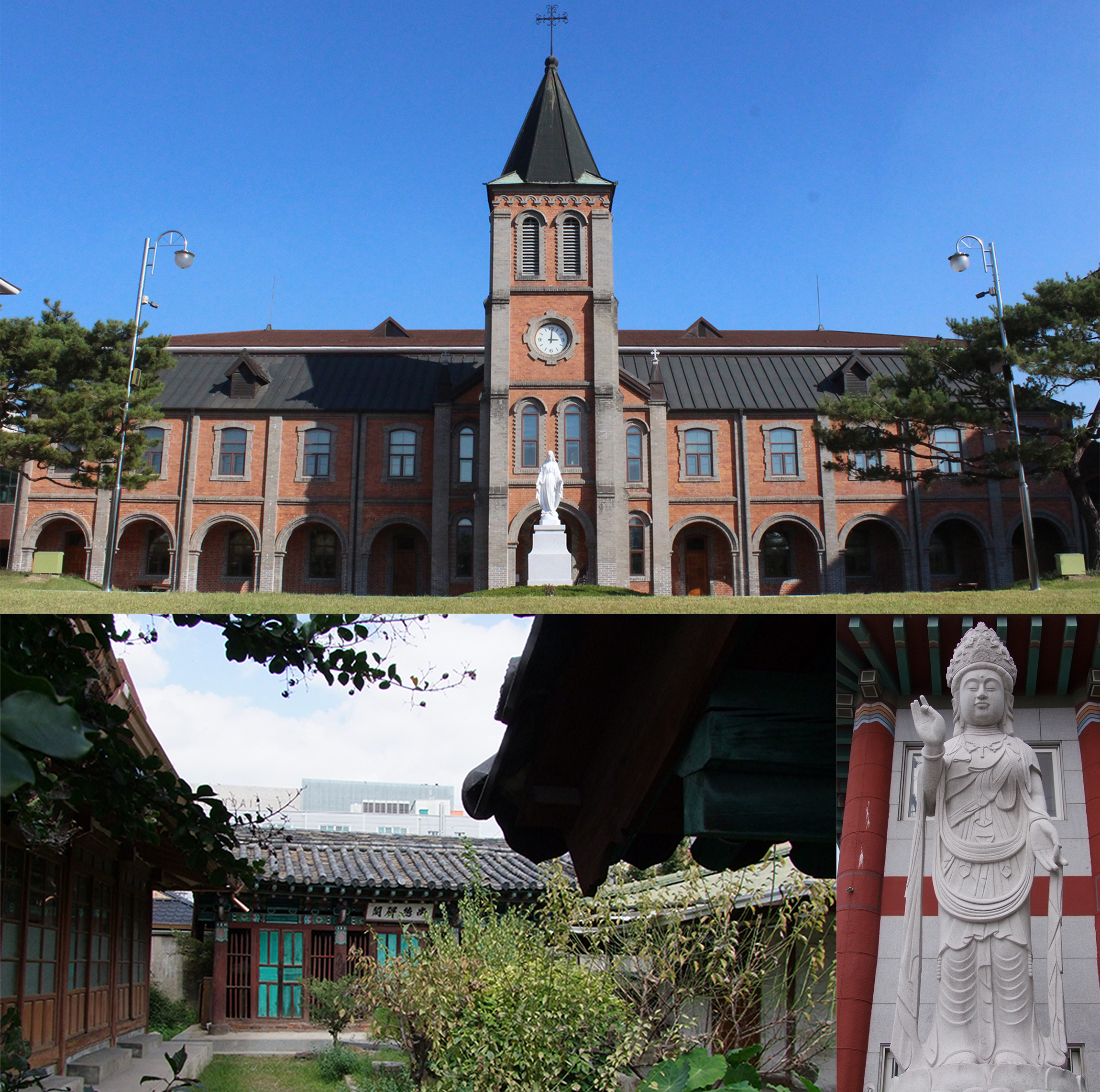 상단- 빼어난 경관을 자랑하는 성 유스티노 신학교의 전경, 하단 좌측- 선비양성과 유학증진을 도모했던 문우관의 모습, 하단 우측- 보현사 창건 100주년기념으로 세워진 부처상 임유미 기자