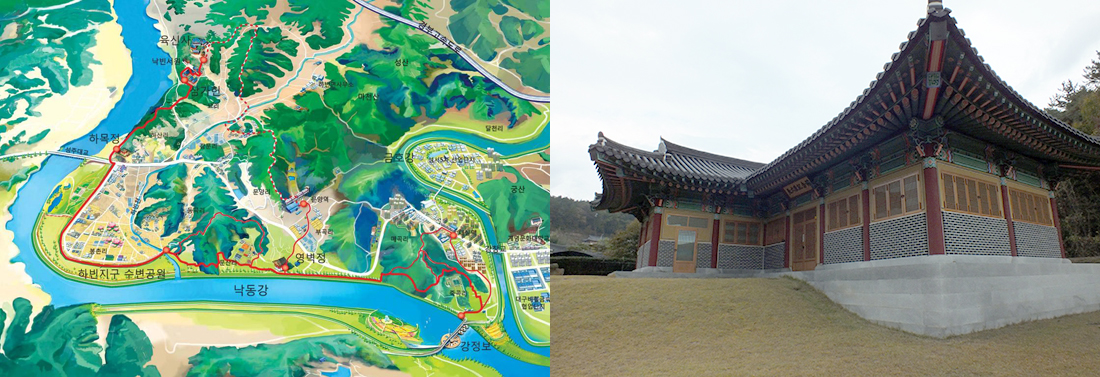 좌측-강정보 녹색길 지도 <달성군청>, 우측-사육신 및 묘리마을에 대한 역사를 배울 수 있는 사육신기념관 <박지원 기자>