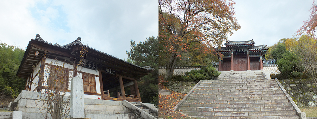 좌측-세부가공이 정교한 조선 전기 건축의 특색을 잘 보여주는 태고정 <박지원 기자>, 우측-숭정사로 들어가는 내삼문. 현판에 '인을 이룬다'는 의미의 '성인문'이라 적혀있다. <박지원 기자>